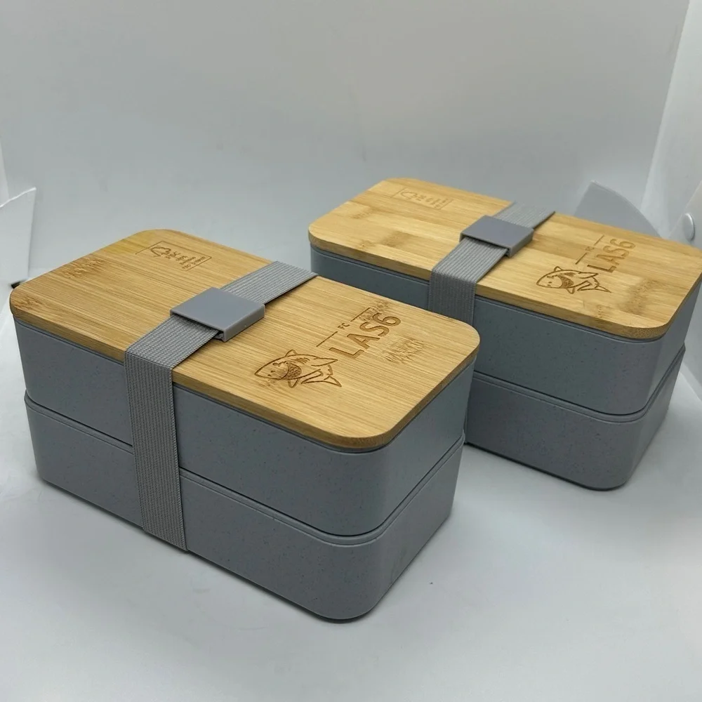 Bamboo and Gray Bento Japanese Wood Bento Lunch Boxes 2 Layer. Set of two